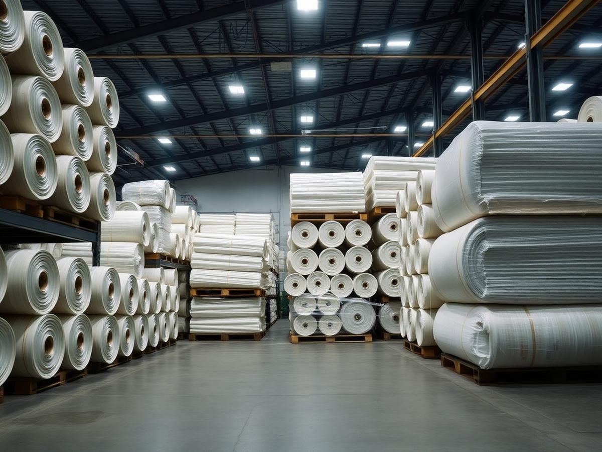 Warehouse stocked with woven fabric rolls